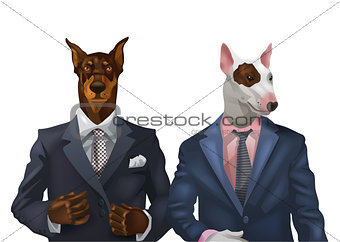illustration of doberman and bullterrier dressed up in office suit