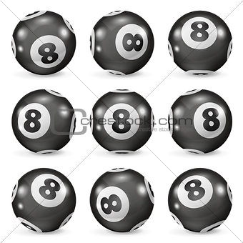 Set of billiard balls eights from different angles