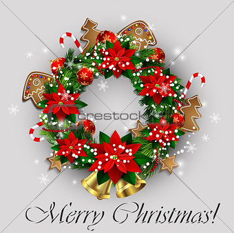 White card with Christmas wreath and bow