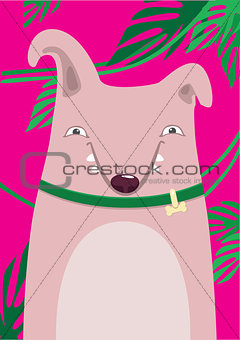 Bull Terrier in green leaves on a pink background