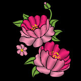 Pink peonies with leaves.