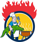 Chef Alligator Spatula BBQ Grill Fire Circle Cartoon