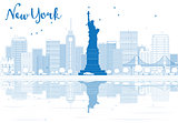 Outline New York city skyline with blue buildings.