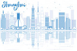 Outline Shanghai skyline with blue skyscrapers and reflections. 