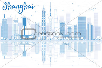 Outline Shanghai skyline with blue skyscrapers and reflections. 