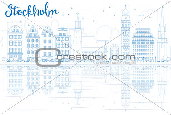 Outline Stockholm Skyline with Blue Buildings and Reflections. 