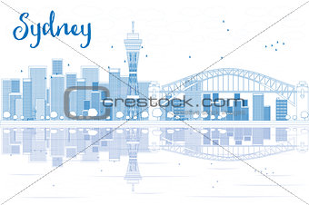Outline Sydney City skyline with skyscrapers and reflections. 