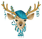 Christmas deer head in blue fashionable hat and striped scarf