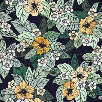Summer floral seamless pattern with hibiscus flowers.