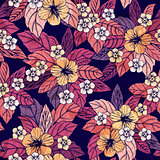 Autumn floral seamless pattern with hibiscus flowers.