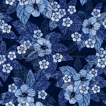 Indigo floral seamless pattern with hibiscus flowers.