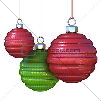 Red and green striped, hanging Christmas balls. isolated on whit