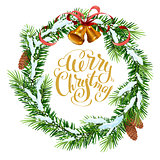 Christmas wreath of fir branches. Merry Christmas lettering text for greeting card