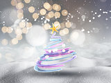 3D Christmas tree in snowy landscape with bokeh lights