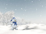 3D cute snowman in winter landscape