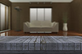 3D rustic wooden table with defocussed lounge in background