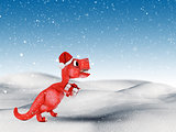 3D snowy landscape with cute dinosaur carrying a gift