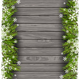 Christmas tree branches on wood background 