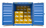 Open shipping container with cardboard boxes