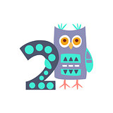 Owl Standing Next To Number Two Stylized Funky Animal