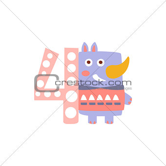 Rhinoceros Standing Next To Number Four Stylized Funky Animal