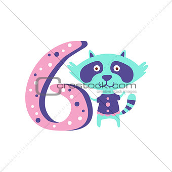 Raccoon Standing Next To Number Six Stylized Funky Animal