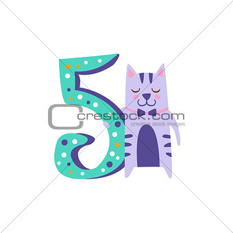 Cat Standing Next To Number Five Stylized Funky Animal
