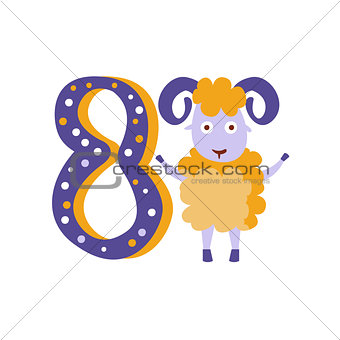 Ram Standing Next To Number Eight Stylized Funky Animal