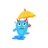 Blue Monster With Horns And Spiky Tail  Umbrella Under Rain