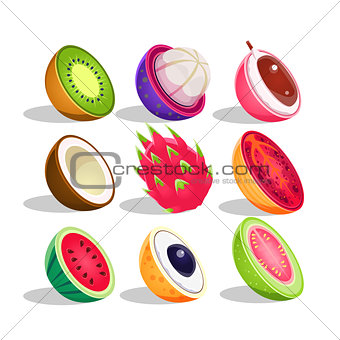 Exotic Fruits Sliced In Half Set Of Bright Icons
