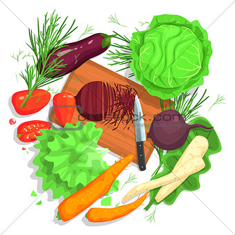 Cutting Vegetables Drawing, With  Board And Fresh Crops