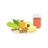 Vegetables, Nuts And Tomato Juice Breakfast Food  Drink Set