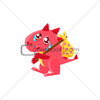 Red Dragon Leaving WIth Sack On Stick Illustration
