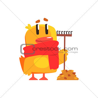 Duckling With Rake And Autumn Leaves Cute Character Sticker