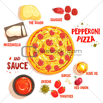 Preparing Pizza Pepperoni Set Of Ingredients