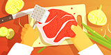 Hands Preparing Meat Colorful Illustration From Above