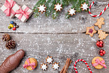 Christmas decoration and food background with snow