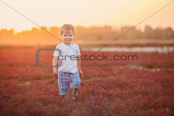 Happy little boy playing outdoors at sunset