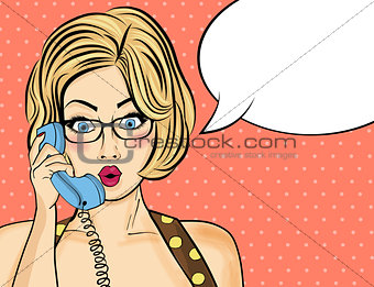 Surprised pop art  woman chatting on retro phone . Comic woman w