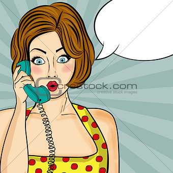 Surprised pop art  woman chatting on retro phone . Comic woman w