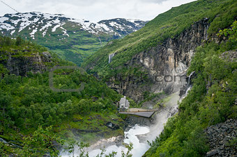 Kjosfossen waterfall view from upper point. Norway