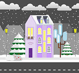 Flat style winter house. Cottage. Vector illustration. Snowfall background.  design  card.