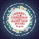 Holidays frame with winter houses and trees. Merry Christmas  Happy New Year lettering Vector illustration