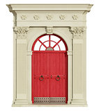 Front view of a classic arch with red door