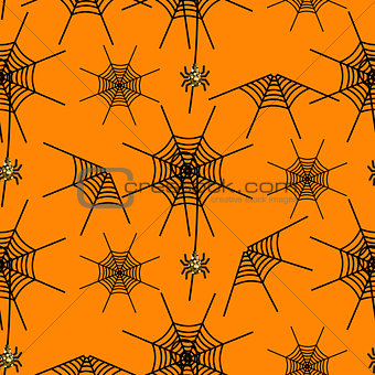 Halloween party spider net orange vector pattern.