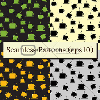 Tea or coffee cups seamless vector patterns set with coffee beans or corns.