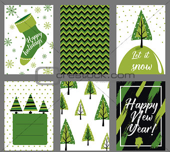 Collection of 6 Christmas card templates. Christmas Posters set. Scandinavian illustration. New Year collection. Greeting seasonal for scrapbooking and invitations.