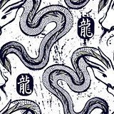 Ink hand drawn dragon snake seamless pattern