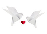 Couple white loving dove of origami with red heart