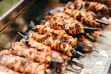 Marinated shashlik lies cooked on a barbecue grill.